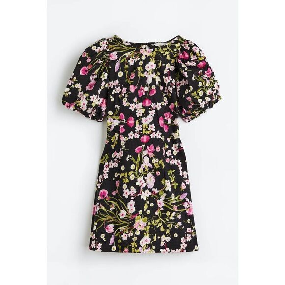 NWT h&m Open Tie backed Mini Dress Puff Sleeves Black/floral XS Cottagecore - Picture 1 of 10